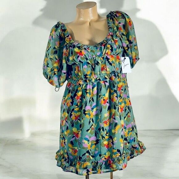Japna Dresses & Skirts - NWT Full Circle Trends Sz L Floral Ruffle Cap Sleeve Beautiful Mini Dress